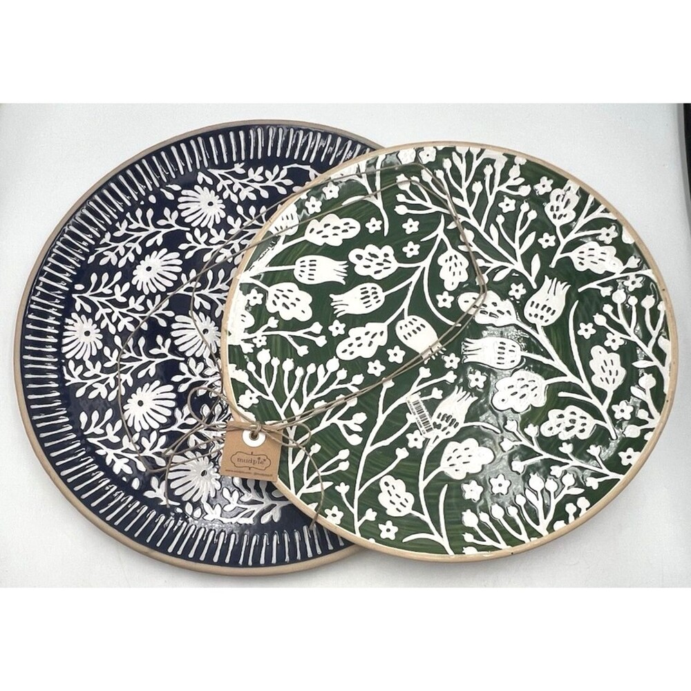Mud Pie Indigo Platter Set 2 Hand-Painted Stoneware Coastal Floral 14" 12" NEW